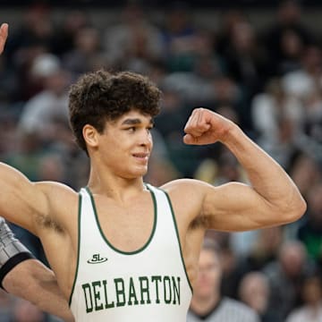 Jayden James of Delbarton High celebrates winning the 150-pound title at the 2025 NJSIAA Wrestling Championships in Atlantic City. 