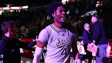 Feb 18, 2025; Starkville, Mississippi, USA; Mississippi State Bulldogs forward Cameron Matthews (4) reacts after defeating the Texas A&M Aggies at Humphrey Coliseum. Mandatory Credit: Petre Thomas-Imagn Images