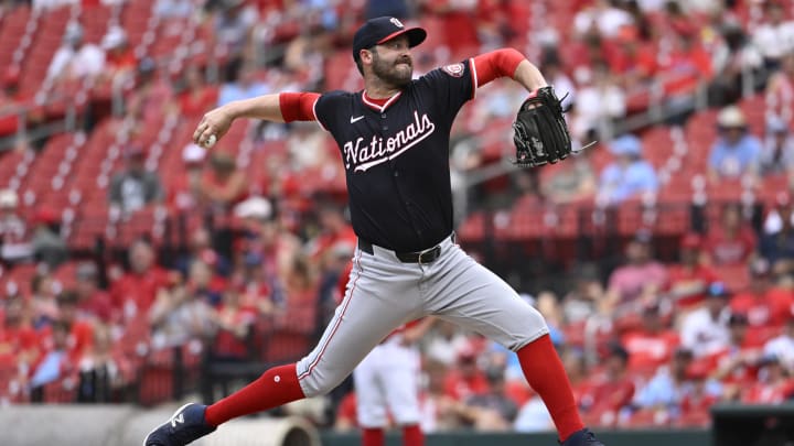 Jul 28, 2024; St. Louis, Missouri, USA; Washington Nationals relief pitcher Dylan Floro (44) throws against the St. Louis Cardinals during the eighth inning at Busch Stadium. Mandatory Credit: Jeff Le-USA TODAY Sports