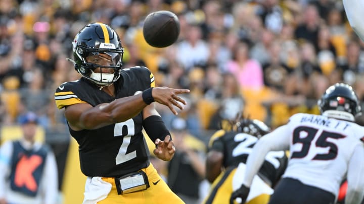 Aug 9, 2024; Pittsburgh, Pennsylvania, USA;  Pittsburgh Steelers quarterback Justin Fields (2) throws a pass against the Houston Texans during the first quarter at Acrisure Stadium. Mandatory Credit: Barry Reeger-USA TODAY Sports