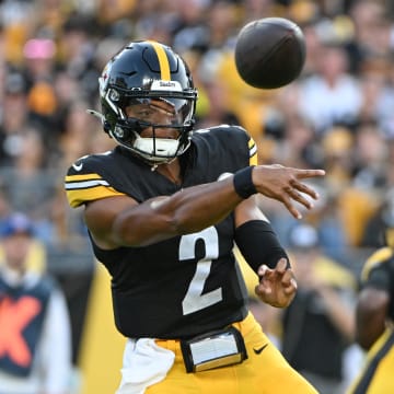 Aug 9, 2024; Pittsburgh, Pennsylvania, USA;  Pittsburgh Steelers quarterback Justin Fields (2) throws a pass against the Houston Texans during the first quarter at Acrisure Stadium. Mandatory Credit: Barry Reeger-USA TODAY Sports