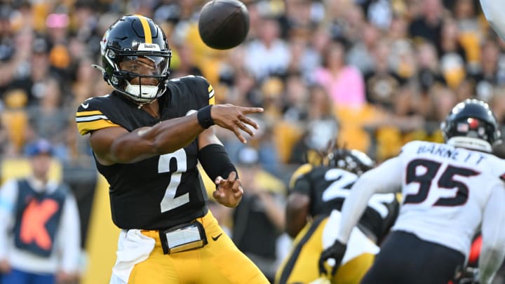 Aug 9, 2024; Pittsburgh, Pennsylvania, USA;  Pittsburgh Steelers quarterback Justin Fields (2) throws a pass against the Houston Texans during the first quarter at Acrisure Stadium. Mandatory Credit: Barry Reeger-USA TODAY Sports