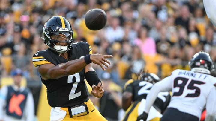 Aug 9, 2024; Pittsburgh, Pennsylvania, USA;  Pittsburgh Steelers quarterback Justin Fields (2) throws a pass against the Houston Texans during the first quarter at Acrisure Stadium. Mandatory Credit: Barry Reeger-USA TODAY Sports