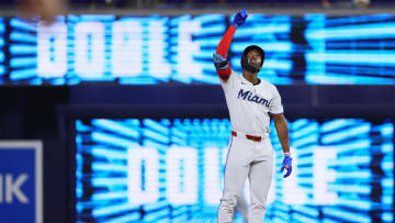 Jun 5, 2024; Miami, Florida, USA; Miami Marlins right fielder Jesus Sanchez (12) reacts from second base after hitting an RBI double against the Tampa Bay Rays during the first inning at loanDepot Park. Mandatory Credit: Sam Navarro-USA TODAY Sports