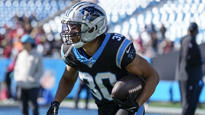 Jan 7, 2024; Charlotte, North Carolina, USA; Carolina Panthers running back Chuba Hubbard (30)