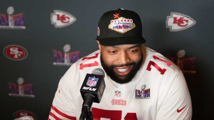 Feb 7, 2024; Las Vegas, NV, USA; San Francisco 49ers offensive tackle Trent Williams (71) during a press conference before Super Bowl LVIII at Hilton Lake Las Vegas Resort and Spa. Mandatory Credit: Kyle Terada-USA TODAY Sports