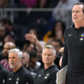Jan 27, 2024; San Francisco, California, USA; Golden State Warriors assistant coach Kenny Atkinson during the fourth quarter against the Los Angeles Lakers at Chase Center. Mandatory Credit: Darren Yamashita-USA TODAY Sports
