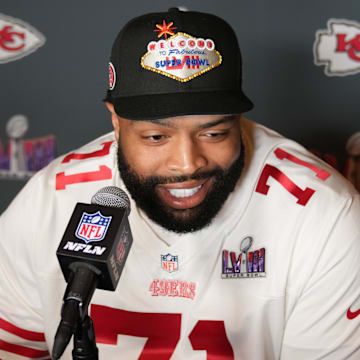 Feb 7, 2024; Las Vegas, NV, USA; San Francisco 49ers offensive tackle Trent Williams (71) during a press conference before Super Bowl LVIII at Hilton Lake Las Vegas Resort and Spa. Mandatory Credit: Kyle Terada-Imagn Images