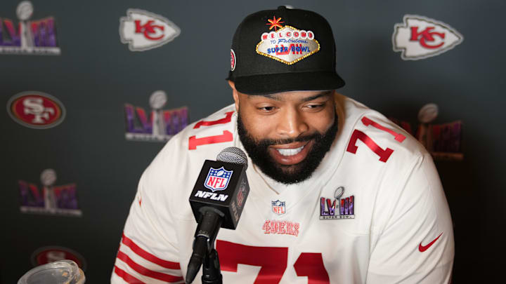 Feb 7, 2024; Las Vegas, NV, USA; San Francisco 49ers offensive tackle Trent Williams (71) during a press conference before Super Bowl LVIII at Hilton Lake Las Vegas Resort and Spa. Mandatory Credit: Kyle Terada-Imagn Images