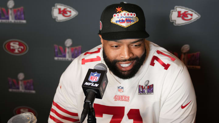 Feb 7, 2024; Las Vegas, NV, USA; San Francisco 49ers offensive tackle Trent Williams (71) during a press conference before Super Bowl LVIII at Hilton Lake Las Vegas Resort and Spa. Mandatory Credit: Kyle Terada-USA TODAY Sports