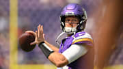 Aug 10, 2024; Minneapolis, Minnesota, USA; Minnesota Vikings quarterback Sam Darnold (14) warms up before the game against the Las Vegas Raiders at U.S. Bank Stadium. Mandatory Credit: Jeffrey Becker-Imagn Images