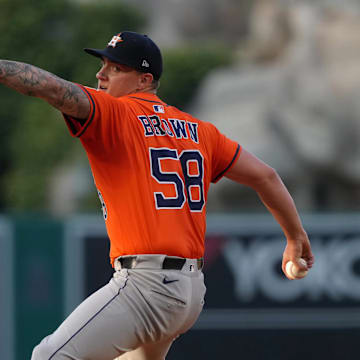 Houston Astros starting pitcher Hunter Brown (58) throws in the second inning against the Los Angeles Angels at Angel Stadium on June 20. 