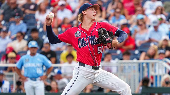 Jun 12, 2026; Omaha, NE, USA; Mississippi Rebels starting pitcher Taylor Rabe (50) pitches against the North Carolina Tar Heels during the first inning at Charles Schwab Field. Mandatory Credit: Dylan Widger-Imagn Images