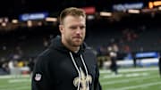 Aug 23, 2025; New Orleans, Louisiana, USA; New Orleans Saints tight end Taysom Hill walks the sideline before a game against the Denver Broncos at Caesars Superdome. Mandatory Credit: Matthew Hinton-Imagn Images