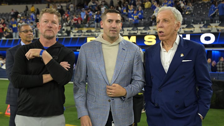 Los Angeles Rams general manager Les Snead, CEO Tony Pastoors, and Owner/Chairman Stan Kroenke. Mandatory Credit: Jayne Kamin-Oncea-Imagn Images