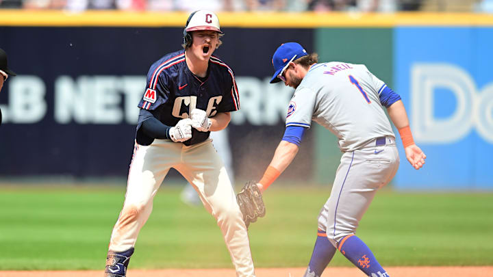 May 22, 2024; Cleveland, Ohio, USA; Cleveland Guardians first baseman Kyle Manzardo (9) celebrates after hitting an RBI double during the eighth inning against the New York Mets at Progressive Field.