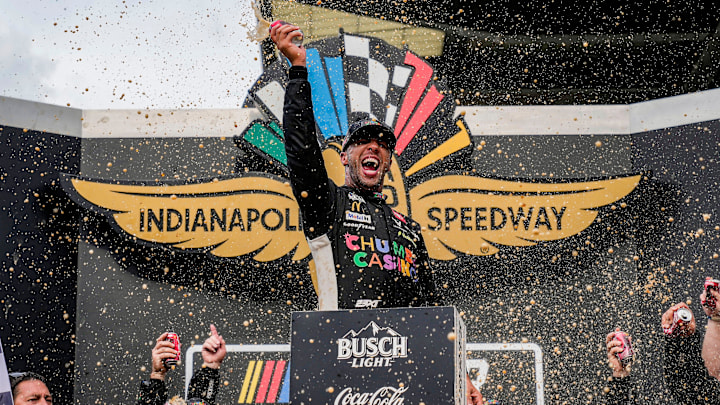 NASCAR Cup Series driver Bubba Wallace (23) celebrates winning Sunday, July 27, 2025, the Brickyard 400 at Indianapolis Motor Speedway. NASCAR Cup Series driver Bubba Wallace (23) celebrates winning Sunday, July 27, 2025, the Brickyard 400 at Indianapolis Motor Speedway.