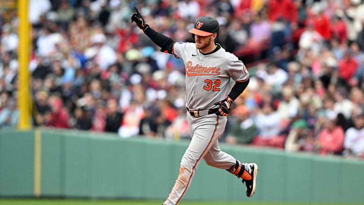 May 25, 2025; Boston, Massachusetts, USA; Baltimore Orioles right fielder Ryan O'Hearn (32) runs the bases after hitting a solo home run against the Boston Red Sox during the sixth inning at Fenway Park.