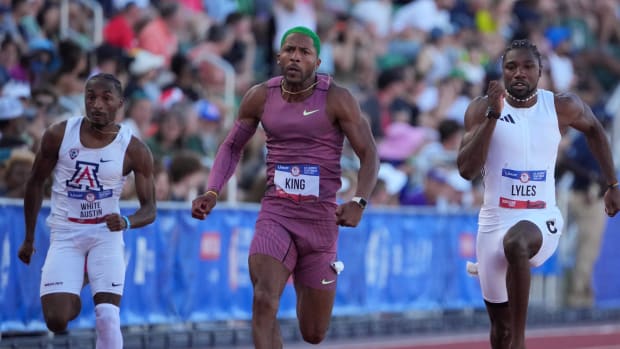 Noah Lyles defeats Kyree King to win 100m heat in 9.92 for the top time during the US Olympic Team Trials at Hayward Field.