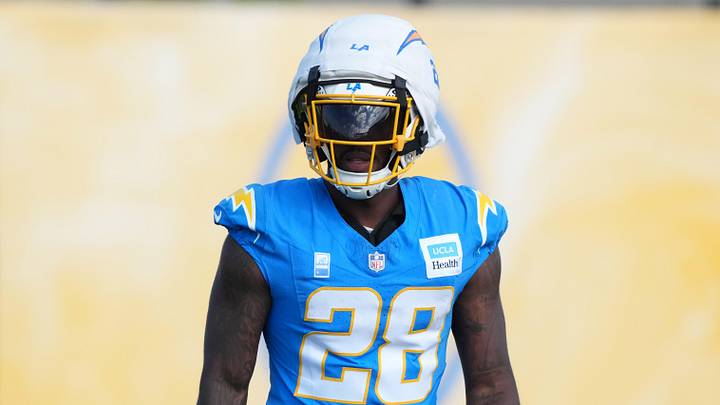 Jul 25, 2025; El Segundo, CA, USA; Los Angeles Chargers running back Hassan Haskins (28) during training camp at The Bolt. Mandatory Credit: Kirby Lee-Imagn Images