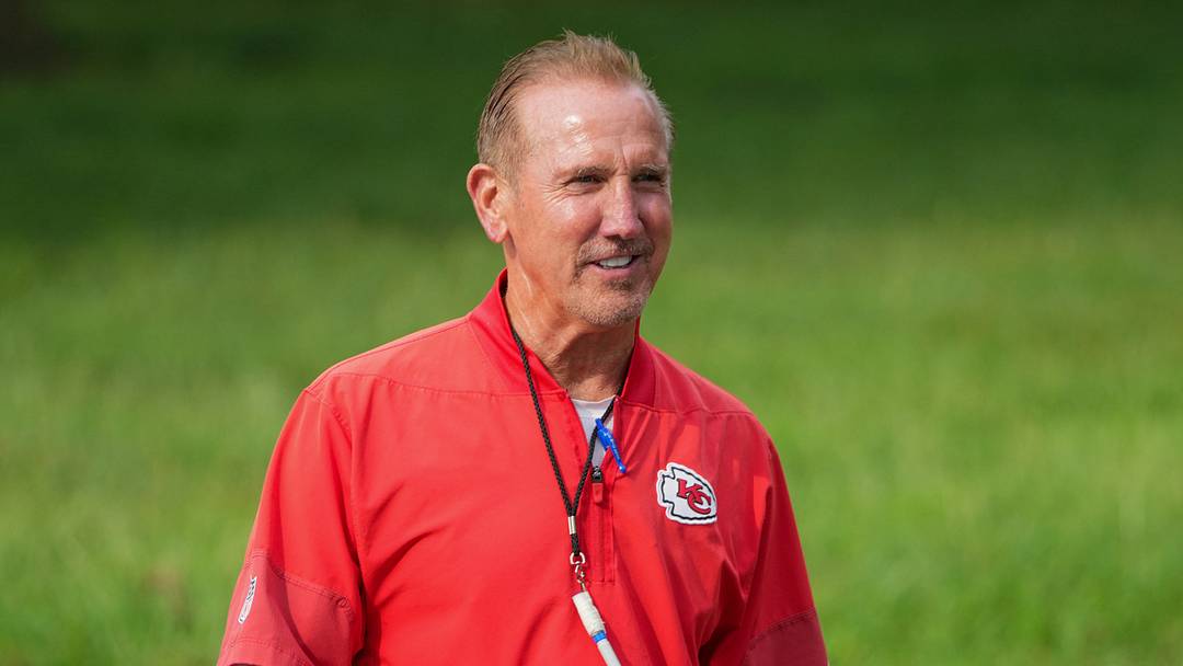 Jul 29, 2026; St. Joseph, MO, USA; Kansas City Chiefs defensive coordinator Steve Spagnuolo walks down the hill to the fields prior to training camp at Missouri Western State University. Mandatory Credit: Denny Medley-Imagn Images