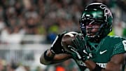 Oct 25, 2025; East Lansing, Michigan, USA; Michigan State Spartans wide receiver Nick Marsh (6)warms up prior to a game against the Michigan Wolverines at Spartan Stadium. Mandatory Credit: Brendan Mullin-Imagn Images