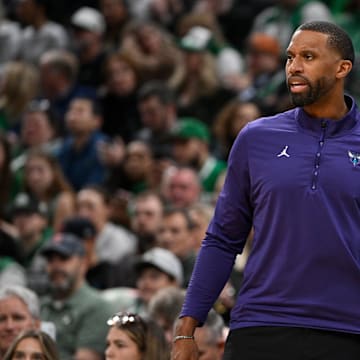 Apr 11, 2025; Boston, Massachusetts, USA; Charlotte Hornets head coach Charles Lee reacts to game action during the first half against the Boston Celtics at TD Garden. Mandatory Credit: Eric Canha-Imagn Images