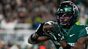 Oct 25, 2025; East Lansing, Michigan, USA; Michigan State Spartans wide receiver Nick Marsh (6)warms up prior to a game against the Michigan Wolverines at Spartan Stadium. Mandatory Credit: Brendan Mullin-Imagn Images