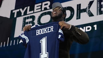 Apr 24, 2025; Green Bay, WI, USA; Alabama Crimson Tide offensive lineman Tyler Booker is selected by the Dallas Cowboys as the number twelve pick in the first round of the 2025 NFL Draft at Lambeau Field. 