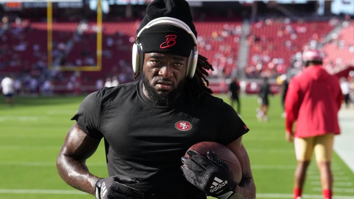 Oct 8, 2023; Santa Clara, California, USA; San Francisco 49ers wide receiver Brandon Aiyuk (11) warms up before the game against the Dallas Cowboys at Levi's Stadium. Mandatory Credit: Darren Yamashita-USA TODAY Sports