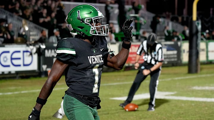 Venice wide receiver Winston Watkins (#1) scores. Venice celebrated a huge win 55-26 over the West Orange Warriors, winning the Class 7A-Region 2 Final, at Powell-Davis Stadium in Venice, FL, on Friday night Nov. 29, 2024.