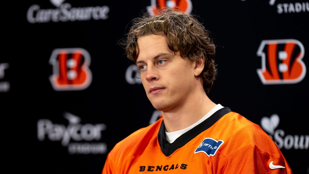 Cincinnati Bengals quarterback Joe Burrow speaks at a press conference at Paycor Stadium in Cincinnati on Nov. 25, 2025.