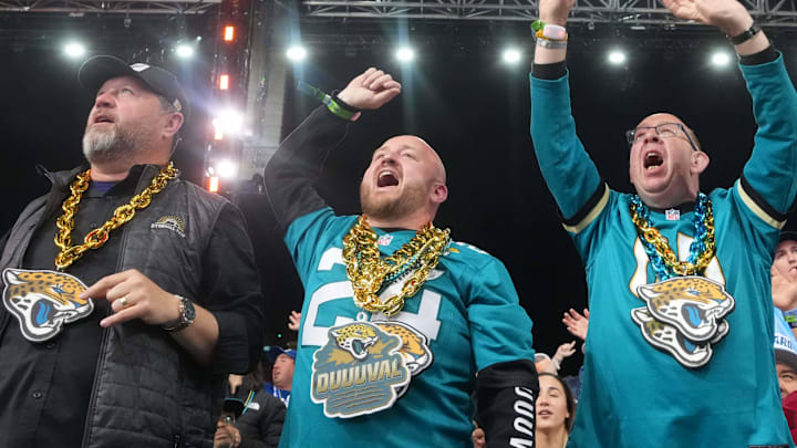 Apr 24, 2025; Green Bay, WI, USA; Jacksonville Jaguars fans react during the NFL Draft at Lambeau Field.