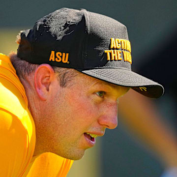 Arizona State head coach Kenny Dillingham watches his linemen run a drill during the first day of fall practice in Tempe, Ariz. on July 30, 2025.