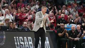 Mar 30, 2024; Los Angeles, CA, USA;  Alabama Crimson Tide head coach Nate Oats reacts in the first half against the Clemson Tigers in the finals of the West Regional of the 2024 NCAA Tournament at Crypto.com Arena. Mandatory Credit: Kirby Lee-Imagn Images