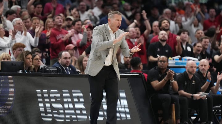 Mar 30, 2024; Los Angeles, CA, USA;  Alabama Crimson Tide head coach Nate Oats reacts in the first half against the Clemson Tigers in the finals of the West Regional of the 2024 NCAA Tournament at Crypto.com Arena. Mandatory Credit: Kirby Lee-USA TODAY Sports