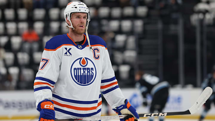 Mar 24, 2026; Salt Lake City, Utah, USA; Edmonton Oilers center Connor McDavid (97) warms up before a game against the Utah Mammoth at Delta Center. Mandatory Credit: Rob Gray-Imagn Images