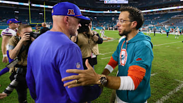 Sep 12, 2024; Miami Gardens, Florida, USA; Miami Dolphins head coach Mike McDaniel shakes hands with Buffalo Bills head coach Sean McDermott after the game at Hard Rock Stadium