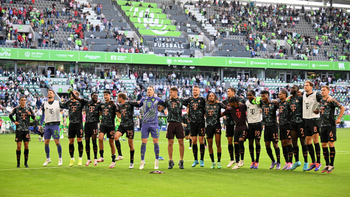 Bayern Munich players acknowledging the travelling away fans after the win against Wolfsburg.