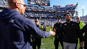 Ohio State Buckeyes head coach Ryan Day shakes hands with Penn State Nittany Lions head coach James Franklin following the 20-13 win in NCAA football game at Beaver Stadium in University Park, Pa. on Saturday, Nov. 2, 2024.