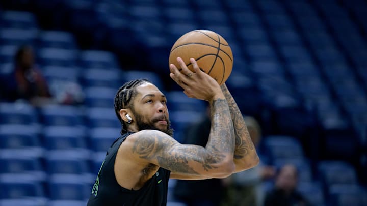 Jan 2, 2024; New Orleans, Louisiana, USA;  New Orleans Pelicans forward Brandon Ingram warms up before a game against the Brooklyn Nets at Smoothie King Center. Mandatory Credit: Matthew Hinton-Imagn Images