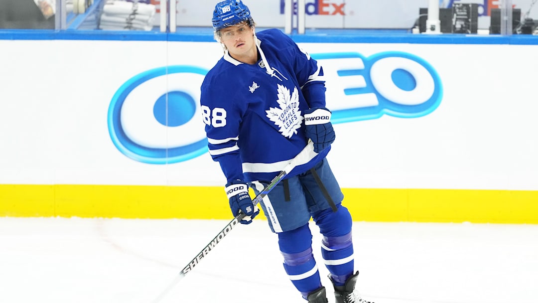 Oct 12, 2024; Toronto, Ontario, CAN; Toronto Maple Leafs right wing William Nylander (88) skates during the warmup before a game against the Pittsburgh Penguins at Scotiabank Arena. Mandatory Credit: Nick Turchiaro-Imagn Images