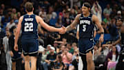 Orlando Magic forward Paolo Banchero (5) celebrates with Orlando Magic forward Franz Wagner (22) in the fourth quarter against the Toronto Raptors at KIA Center. 