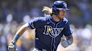 Tampa Bay Rays outfielder Travis Jankowski runs to first base during his debut on Sunday in San Diego. 