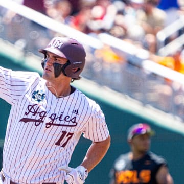 Texas A&M Aggies right fielder Jace Laviolette celebrates after hitting a home run against the Tennessee Volunteers.