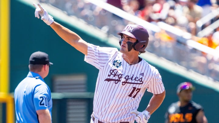 Jun 23, 2024; Omaha, NE, USA; Texas A&M Aggies right fielder Jace Laviolette (17) celebrates after hitting a home run against the Tennessee Volunteers during the first inning at Charles Schwab Field Omaha. Mandatory Credit: Dylan Widger-USA TODAY Sports