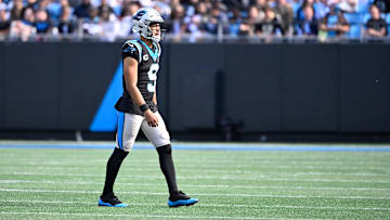 Nov 3, 2024; Charlotte, North Carolina, USA; Carolina Panthers quarterback Bryce Young (9) on the field in the second qarter at Bank of America Stadium. Mandatory Credit: Bob Donnan-Imagn Images
