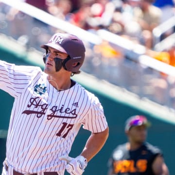 Jun 23, 2024; Omaha, NE, USA; Texas A&M Aggies right fielder Jace Laviolette (17) celebrates after hitting a home run against the Tennessee Volunteers during the first inning at Charles Schwab Field Omaha.