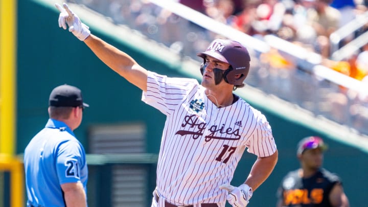 Jun 23, 2024; Omaha, NE, USA; Texas A&M Aggies right fielder Jace Laviolette (17) celebrates after hitting a home run against the Tennessee Volunteers during the first inning at Charles Schwab Field Omaha.