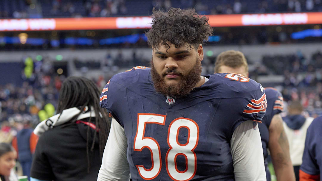Oct 13, 2024; London, United Kingdom; Chicago Bears offensive tackle Darnell Wright (58) after an NFL International Series game at Tottenham Hotspur Stadium. Mandatory Credit: Peter van den Berg-Imagn Images